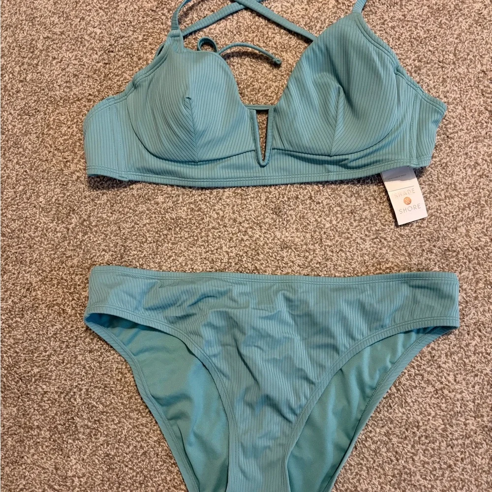 Shade & Shore Aqua Ribbed Bikini Set - Picture 1 of 2